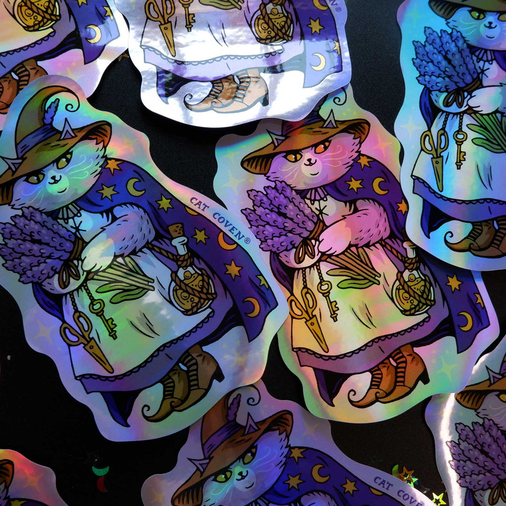 Lavender Cat Witch - Holographic Sticker