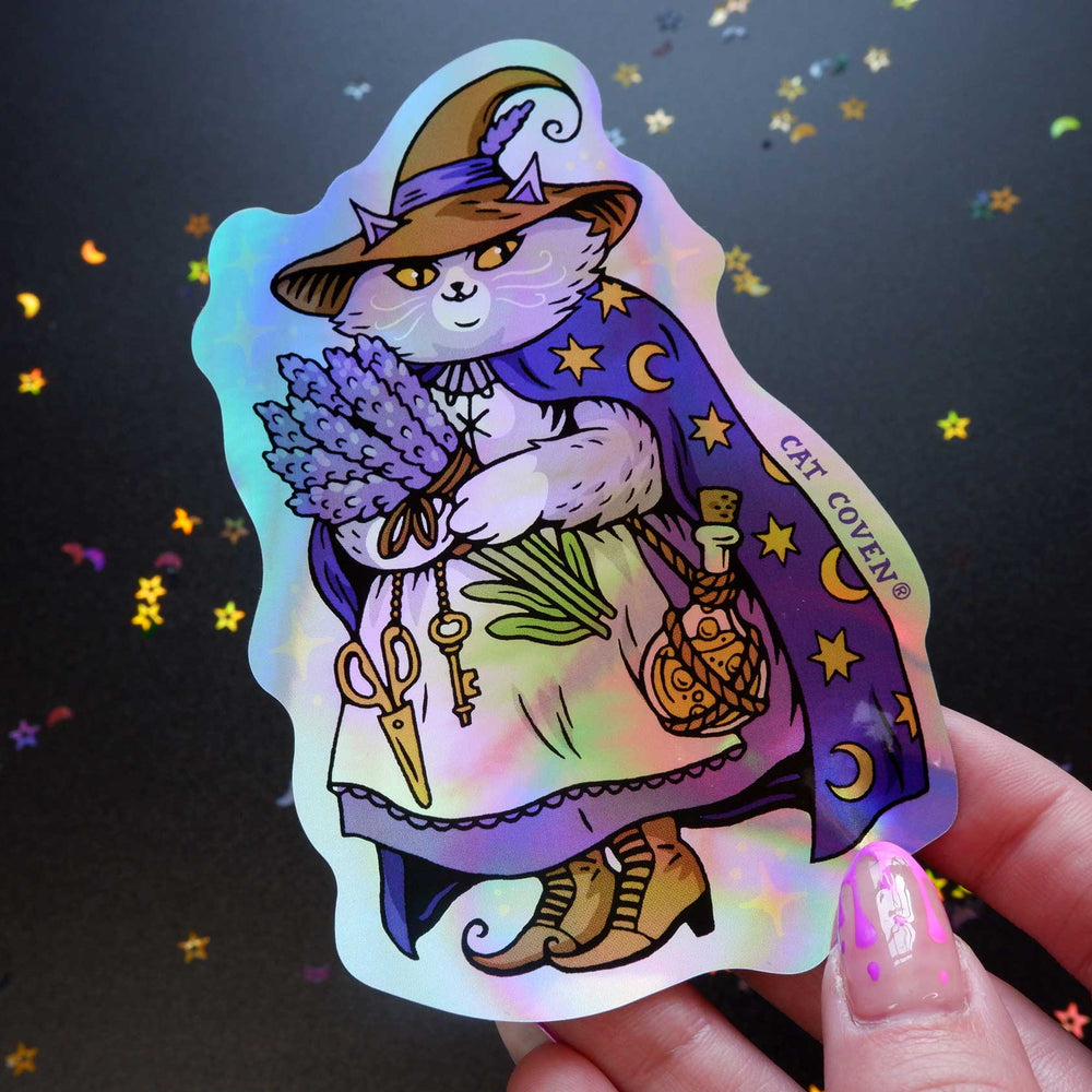 Lavender Cat Witch - Holographic Sticker