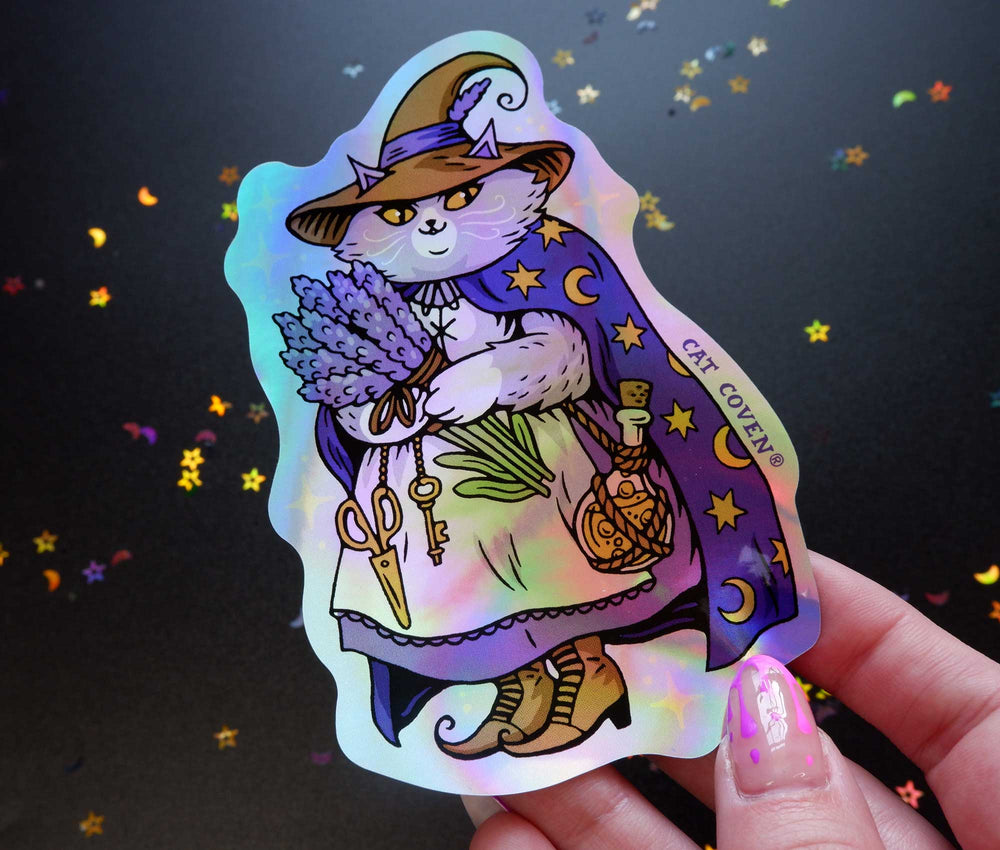 Lavender Cat Witch - Holographic Sticker