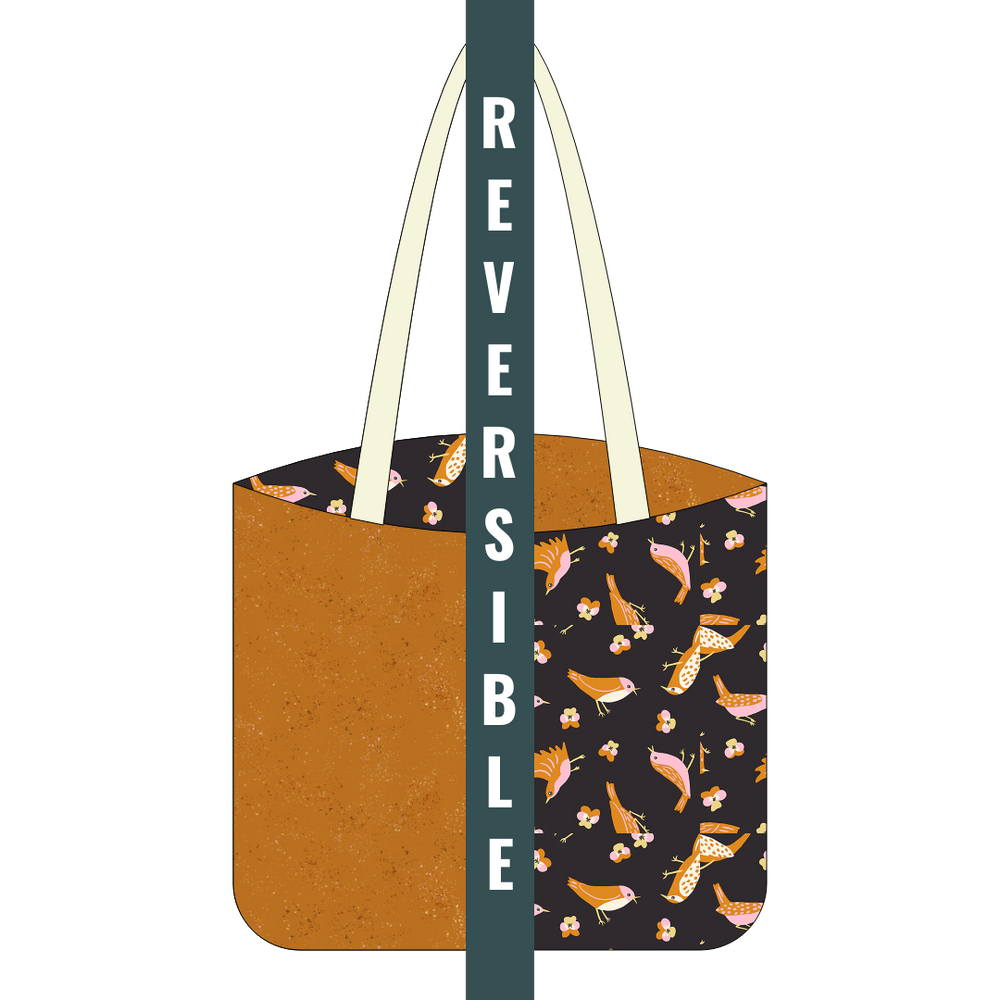 Digital mock up of a cotton tote kit with speckled earth and bird fabrics