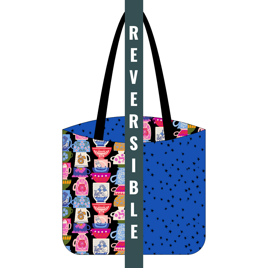 Digital mock up of a cotton tote kit with hello alice teacup and starry blue ribbon fabrics