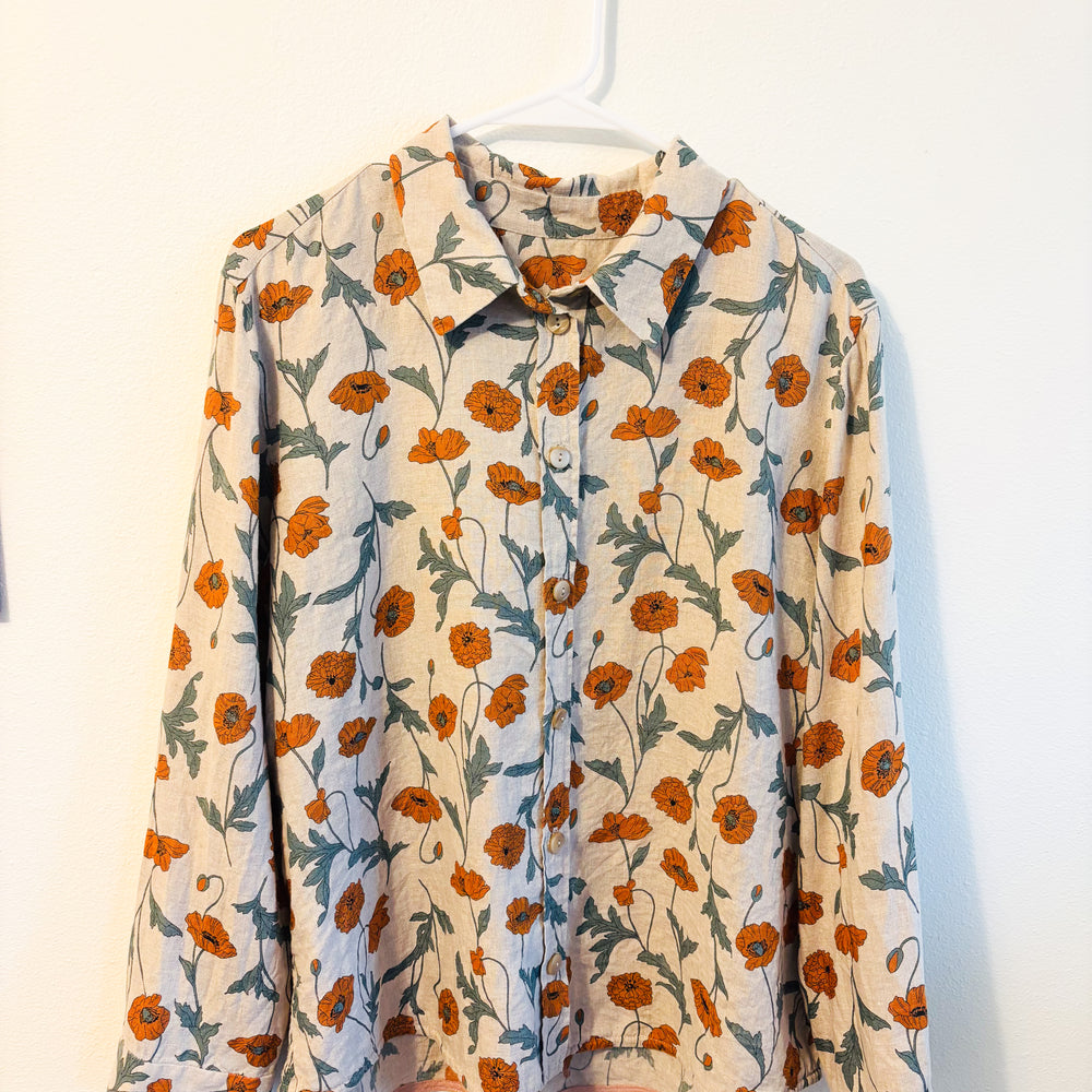 
                      
                        Cameron button up pattern from helens closet in a floral patterned fabric front view
                      
                    