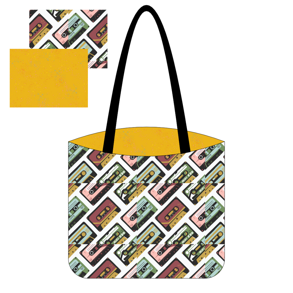 Digital mock up of a canvas tote bag with cassette and speckled goldenrod fabric
