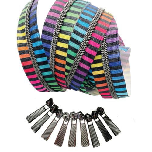 3yd Zipper Tape -  Color Stripes/Gunmetal - 9 Pulls