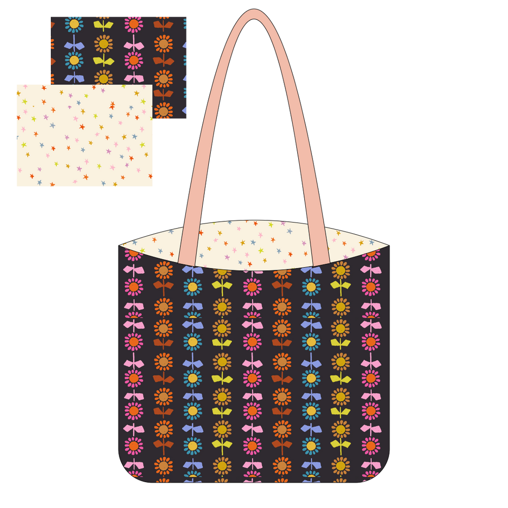 A digital mock up of a canvas tote kit made with rainbow colored flowers and stars fabric
