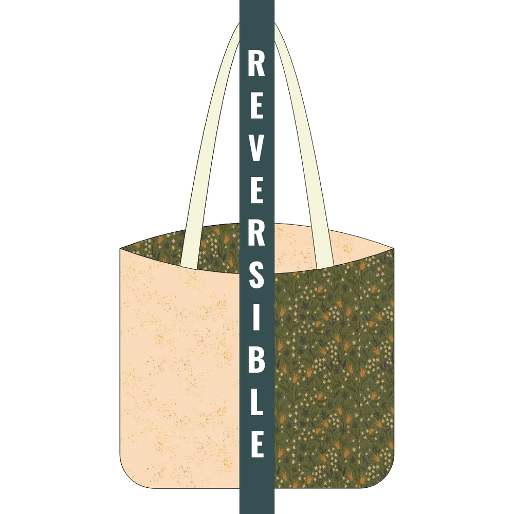 Digital mock up of a cotton tote bag with green fall foliage and speckled creme brulee fabrics