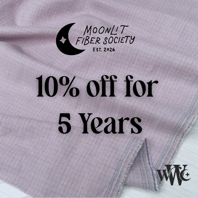 Purple fabric with 'Moonlit Fiber Society' branding and promotional text.