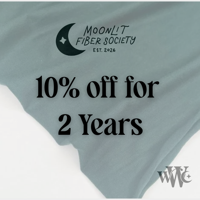 Gray fabric with 'Moonlit Fiber Society' logo and promotional text on a white background