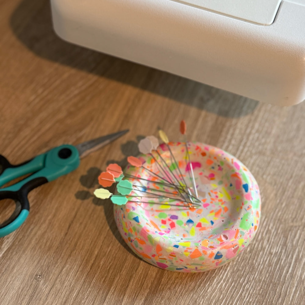 White and rainbow confetti terrazzo look jesmonite magnetic pin holder