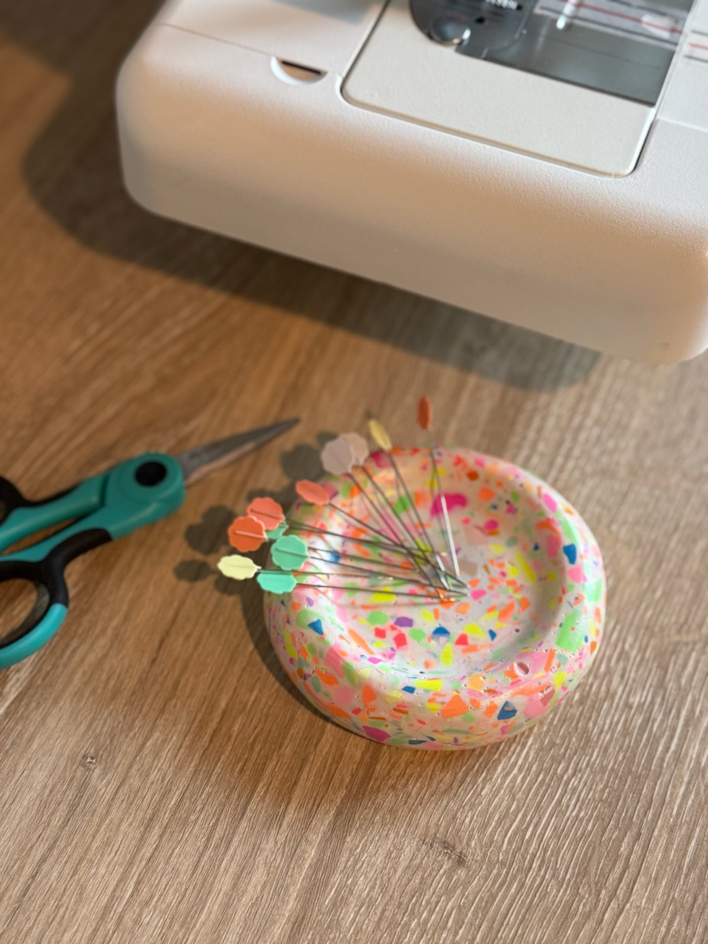 White and rainbow confetti terrazzo look jesmonite magnetic pin holder