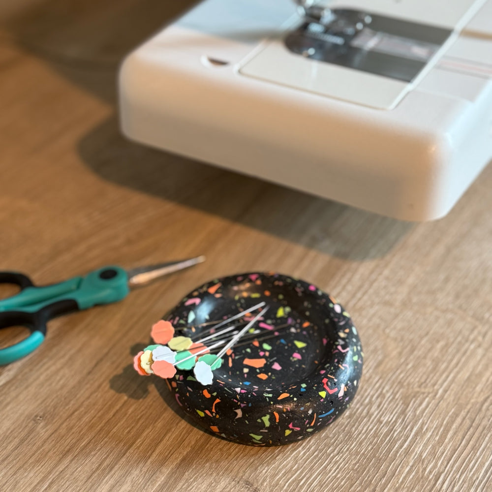black and rainbow confetti terrazzo look Jesmonite magnetic pin holder