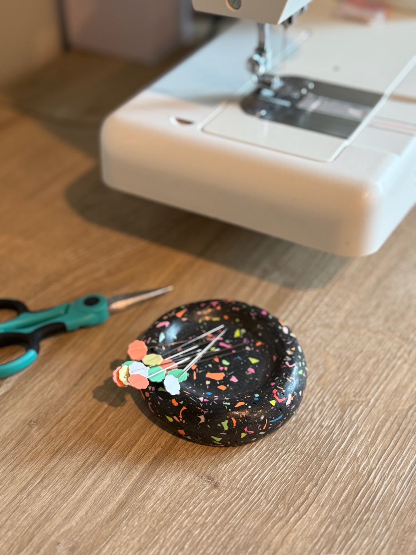 black and rainbow confetti terrazzo look Jesmonite magnetic pin holder
