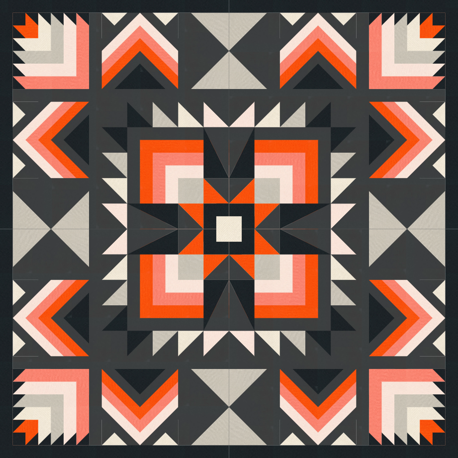 digital image of a throw and bed size joplin quilt in blacks greys and oranges