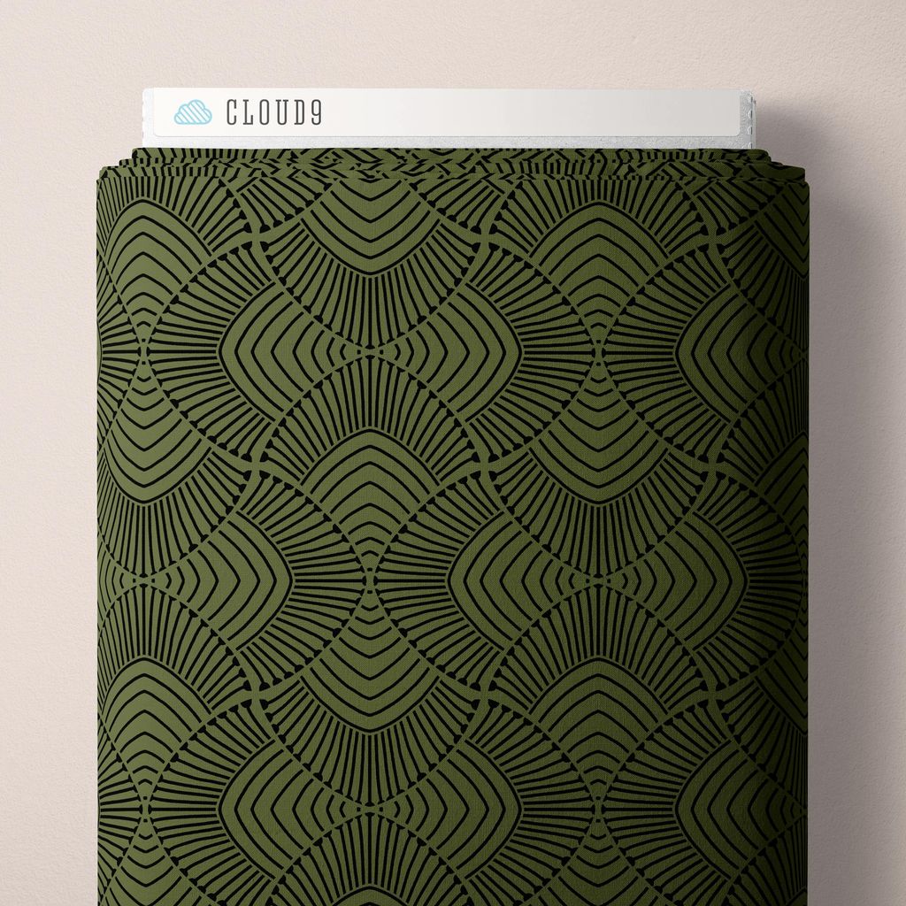 a bolt of fabric that is olive green with a black scalloped pattern print 