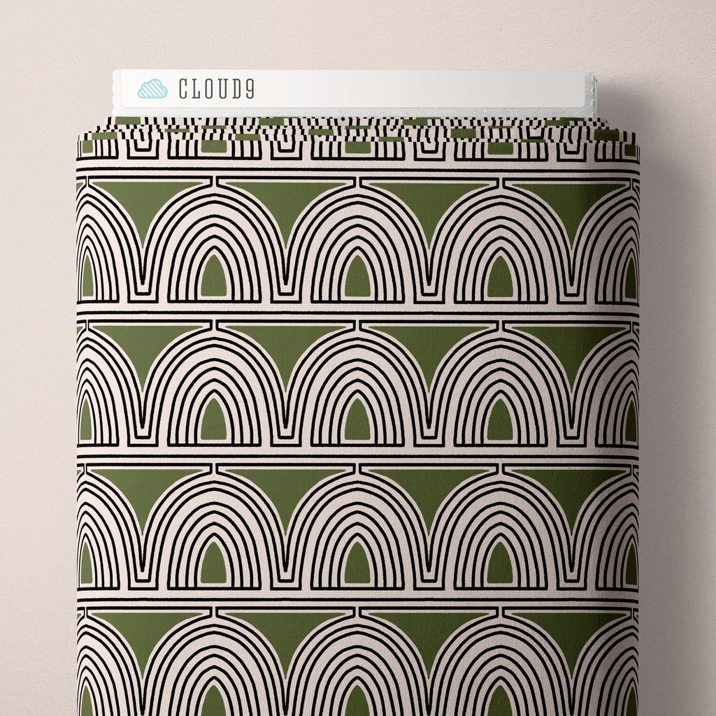 a bolt of fabric featuring sketched, hand-drawn rainbow arches linked in horizontal rows across an olive green background with cream and black accents.