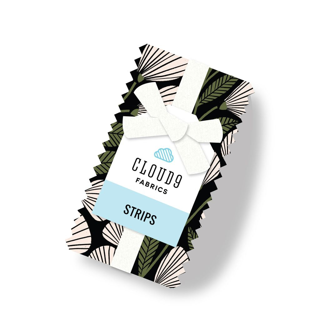 A bundle of fabric strips tied with a white ribbon and a tag that says Cloud 9 fabrics Strips against a white background