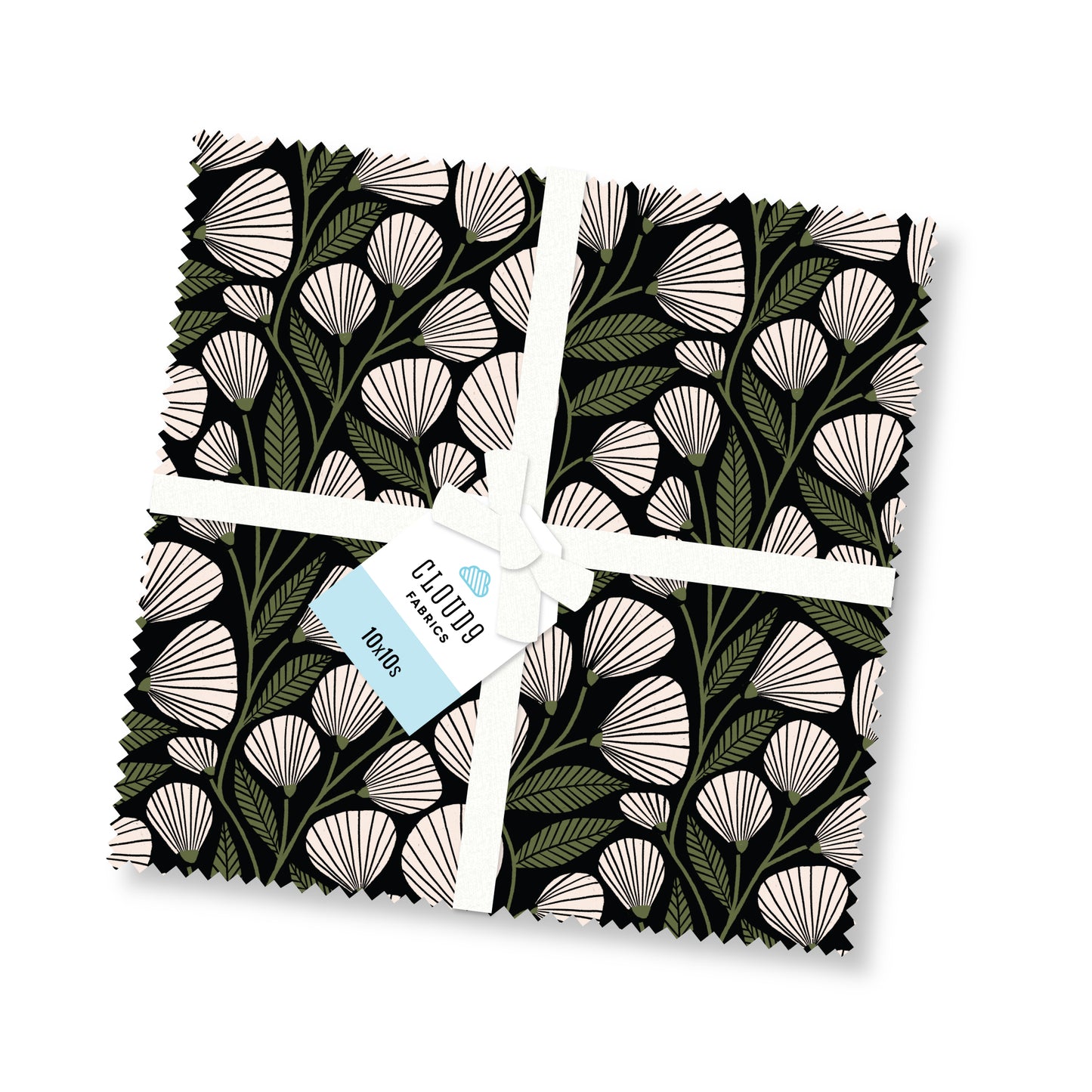 a bundle of cotton squares with a white ribbon and a tag that says Cloud 9 fabrics 10x10s against a white background