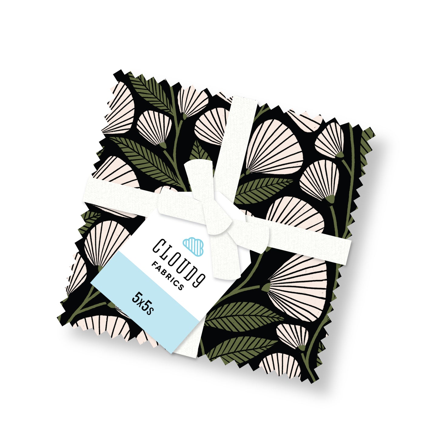 a bundle of fabric quilting squares tied up in a white ribbon with a tag that says Cloud 9 fabrics 5x5s against a white background