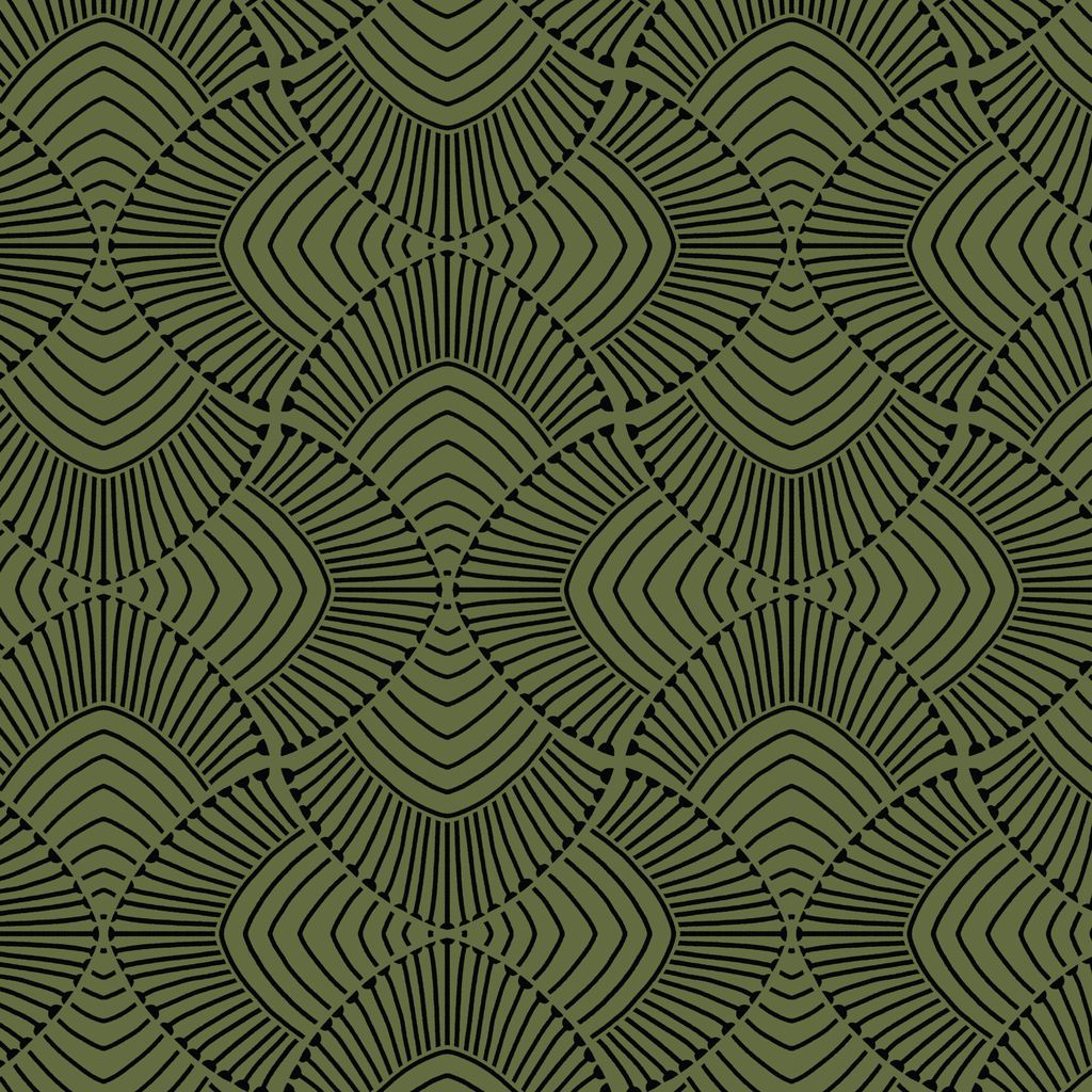 an olive green fabric with black scalloped pattern print