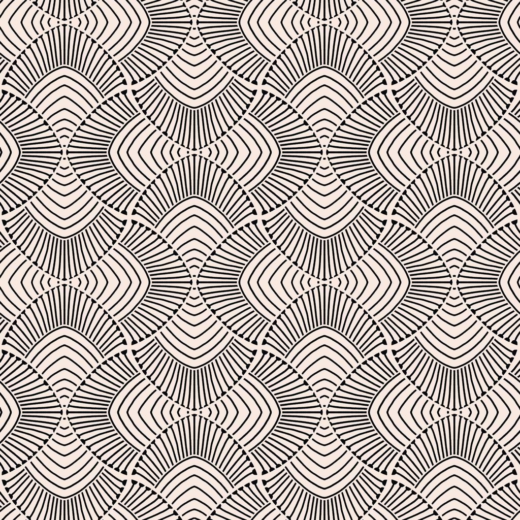 a square of fabric featuring sketched, fan-shaped arches filled with radiating lines forming a scalloped pattern across a cream background with black accents.