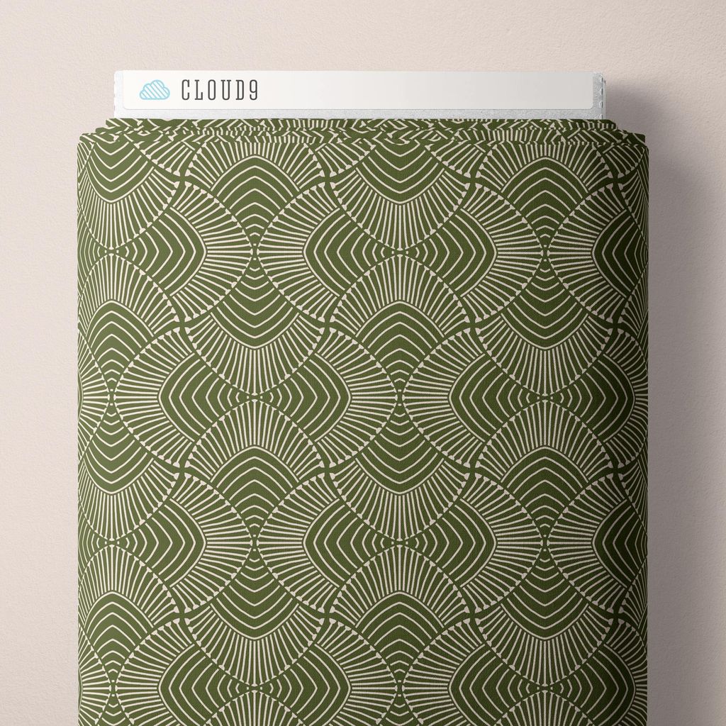 a bolt of fabric featuring sketched, fan-shaped arches filled with radiating lines forming a scalloped pattern across an olive green background with cream accents against a white background