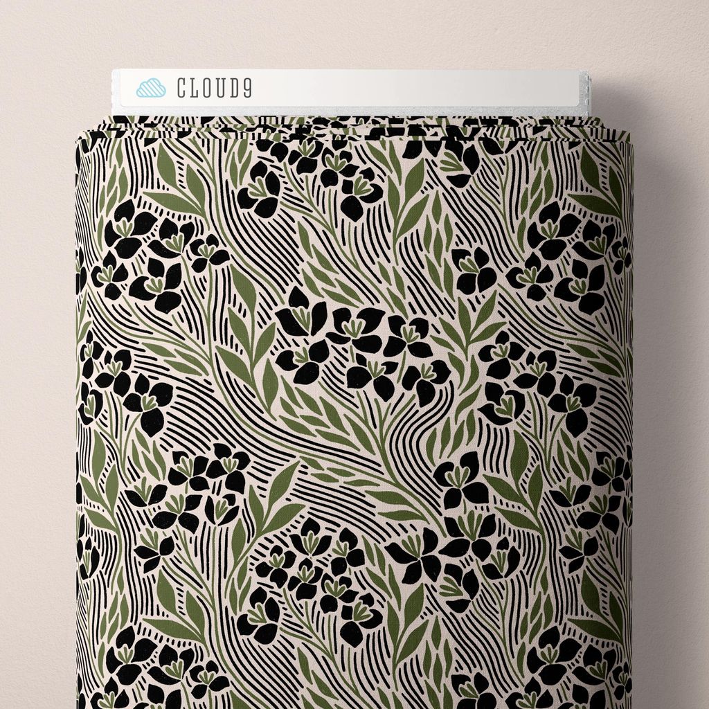 a bolt of fabric featuring sketched, hand-drawn wildflower clusters and leafy stems flowing along wavy contour lines across a cream background with black and olive green accents against a white background