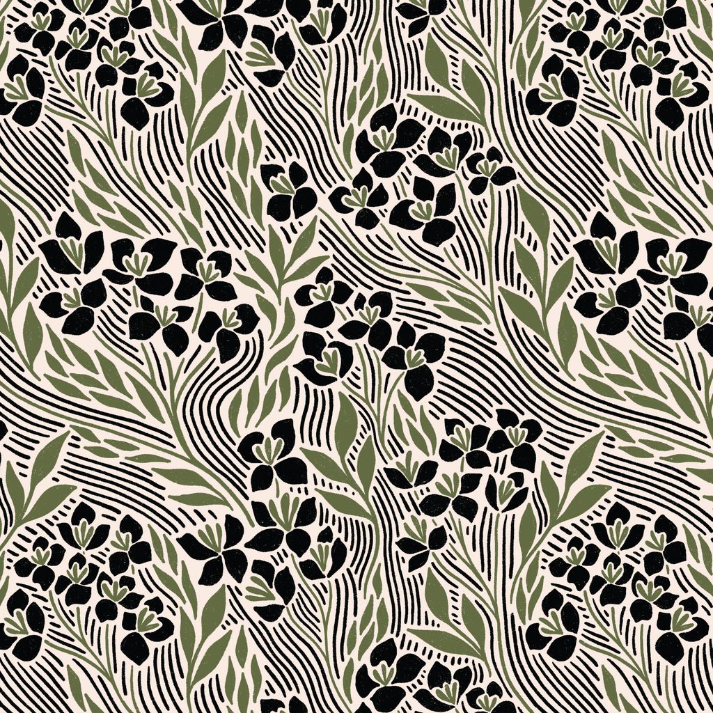 A square of fabric that features sketched, hand-drawn wildflower clusters and leafy stems flowing along wavy contour lines across a cream background with black and olive green accents.