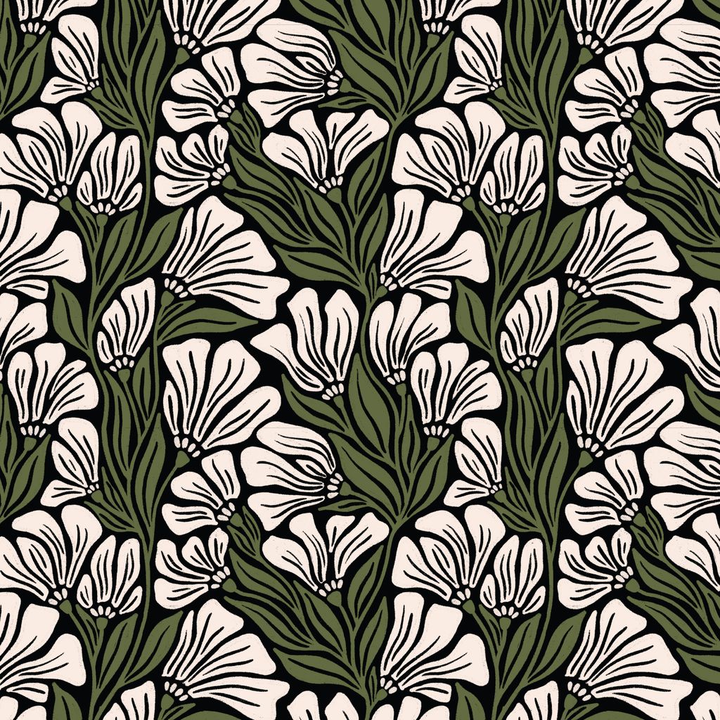 A square of fabric featuring sketched, trumpet-shaped blossoms and layered leaves arranged across a black background with cream and olive green accents.