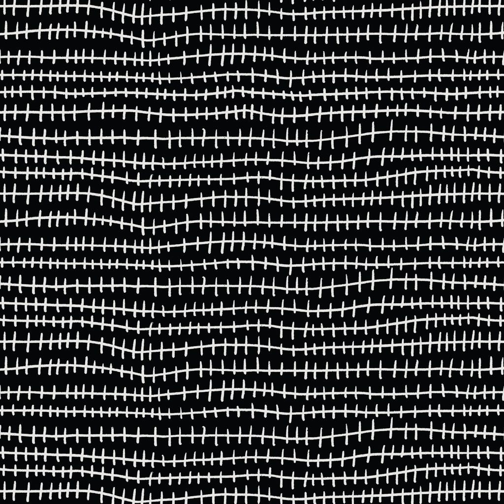 a square of fabric featuring sketched, hand-drawn dashed lines arranged in wavy horizontal rows across a black background with white accents.