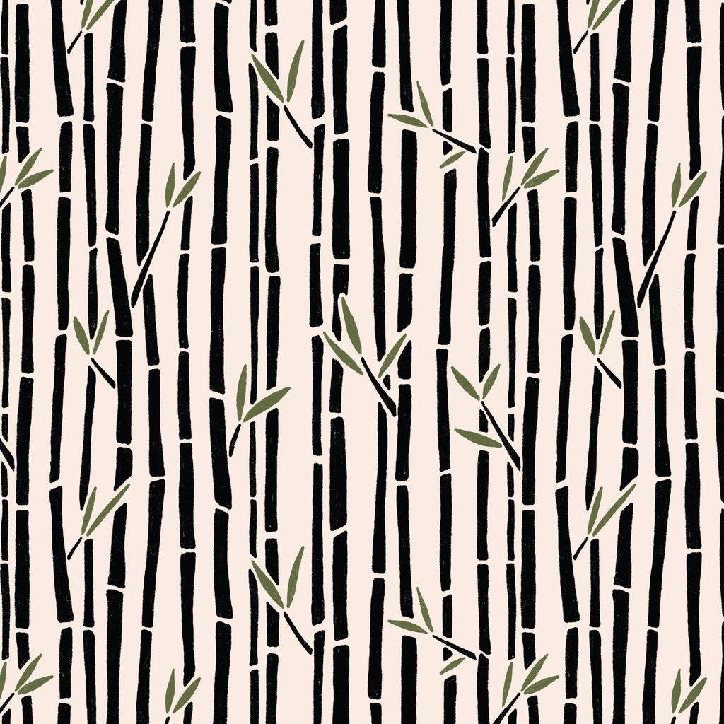 A square of fabric featuring sketched, hand-drawn bamboo stalks and leafy sprigs arranged in vertical rows across a cream background with olive green accents