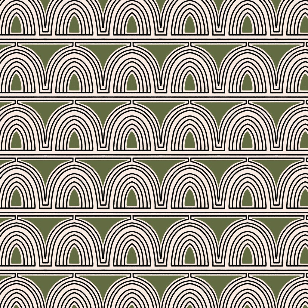 A square of fabric features sketched, hand-drawn rainbow arches linked in horizontal rows across an olive green background with cream and black accents.