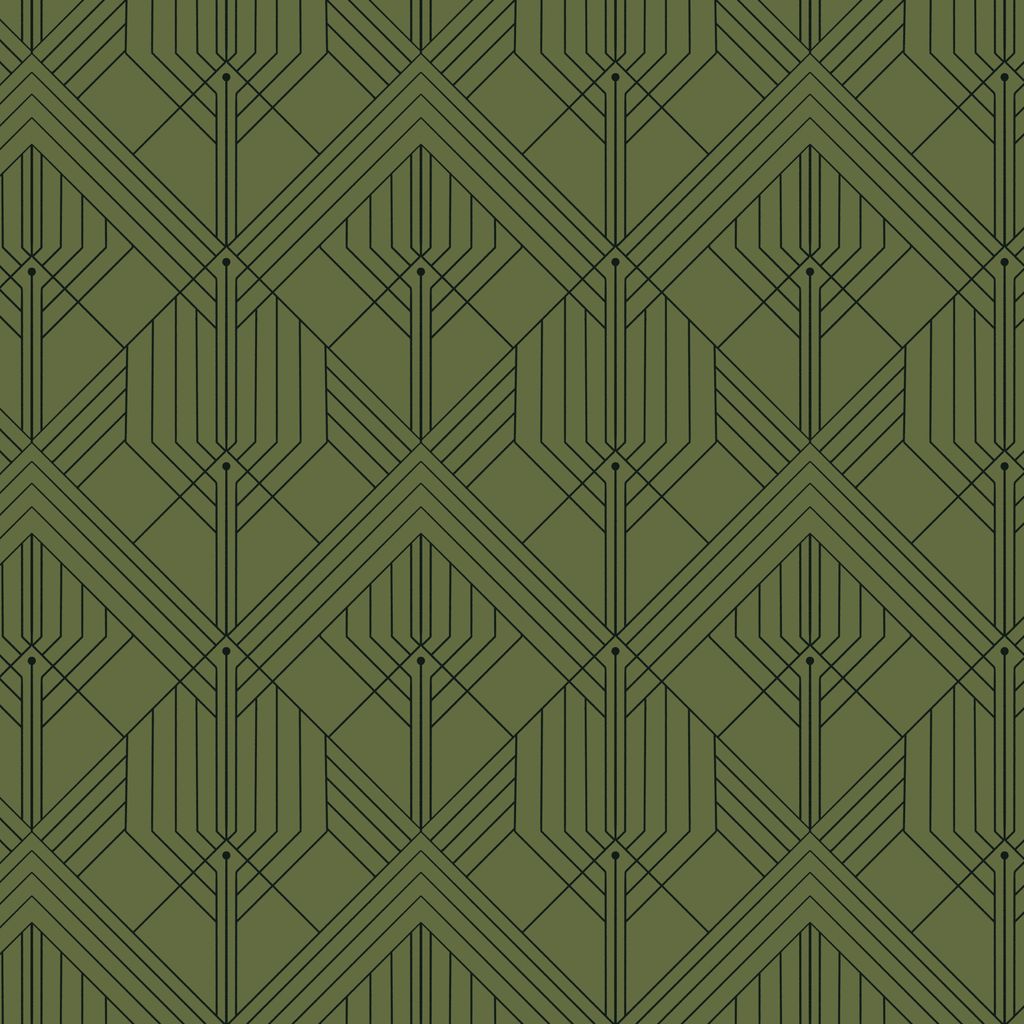 a square of fabric featuring sketched, art deco–style geometric trees nested in diamond frames across an olive green background with dark green accents.