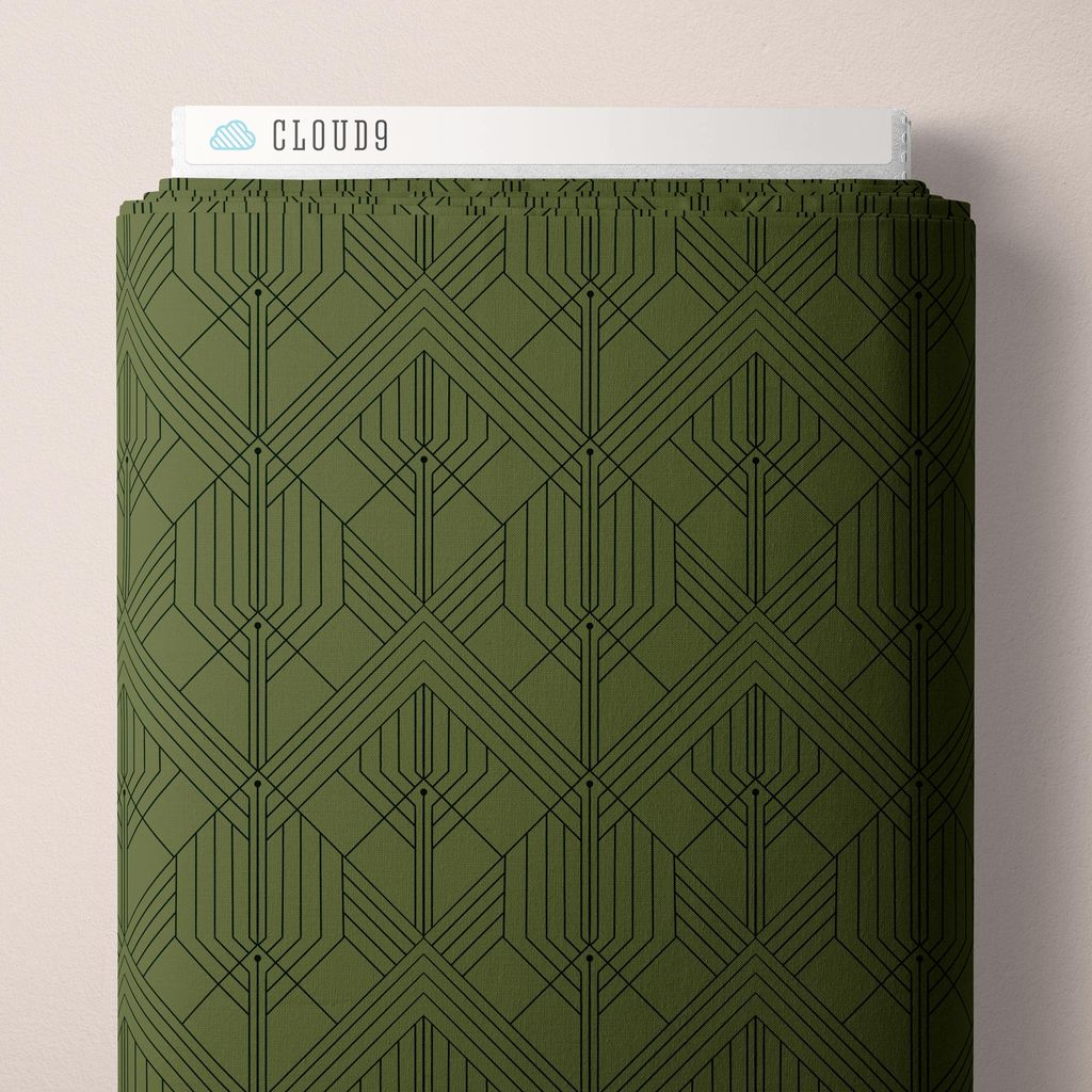 a bolt of fabric featuring sketched, art deco–style geometric trees nested in diamond frames across an olive green background with dark green accents against a white background
