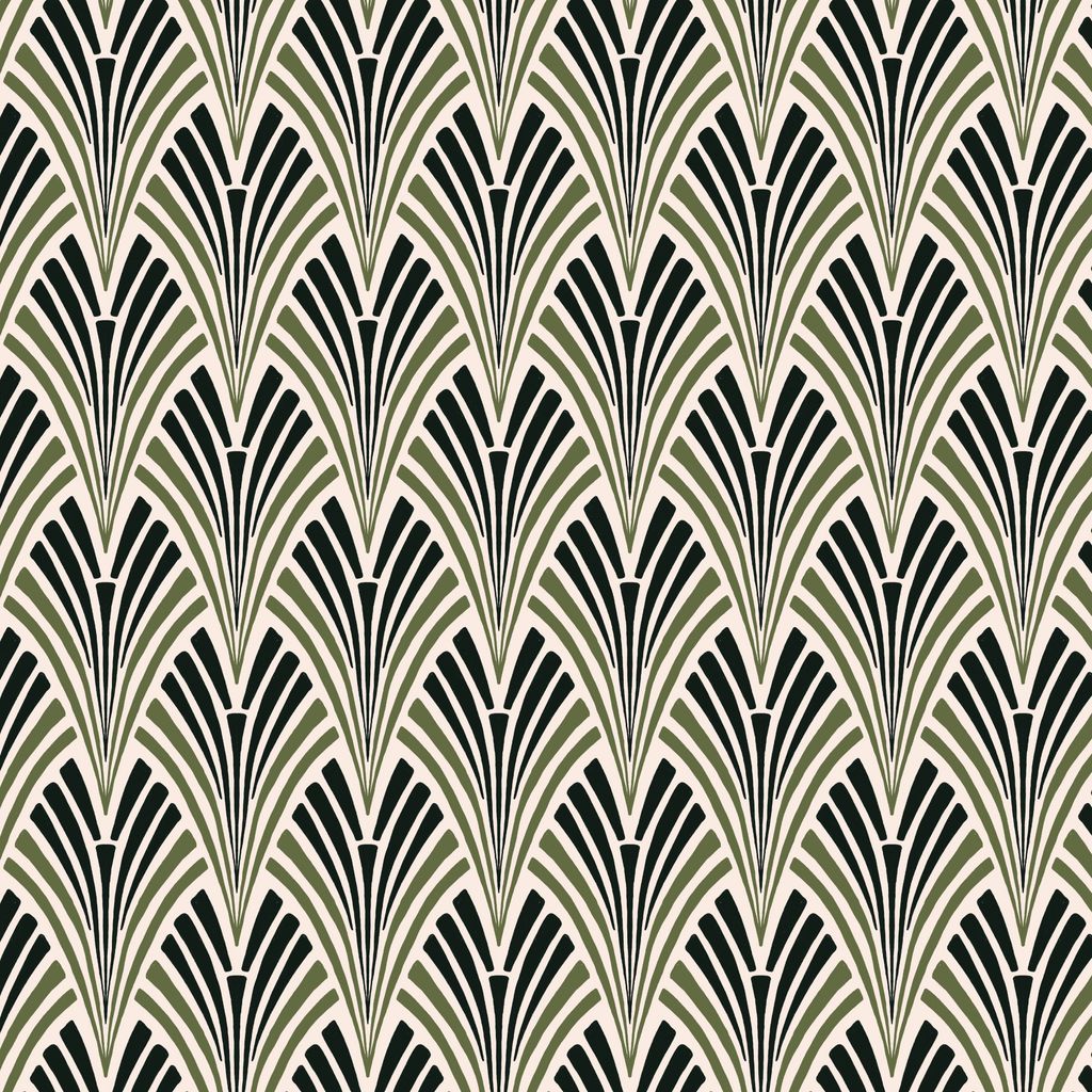 a square of fabric featuring stylized art deco fan motifs with layered stripes repeating in rows across a cream background with black and olive green accents.