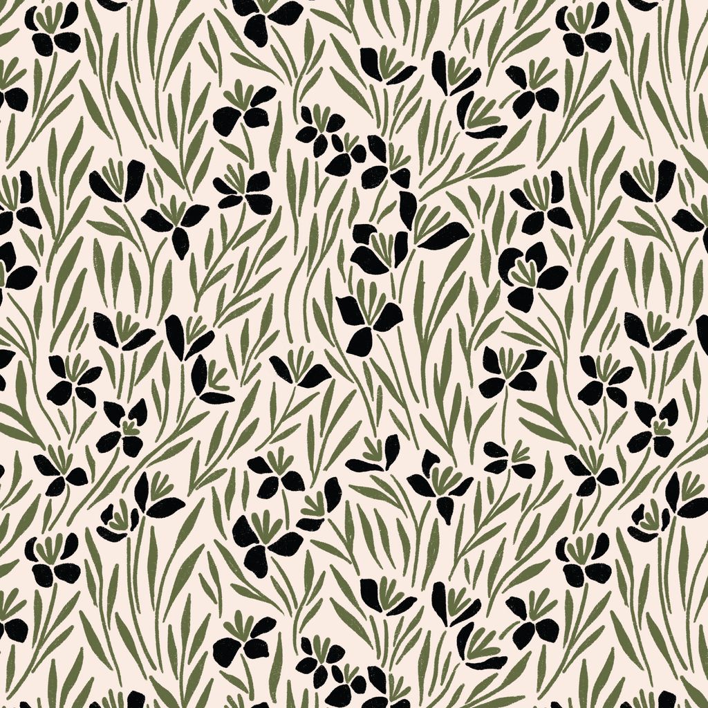 a square of fabric featuring sketched wildflower blooms and grassy leaves scattered across a cream background with black and olive green accents.