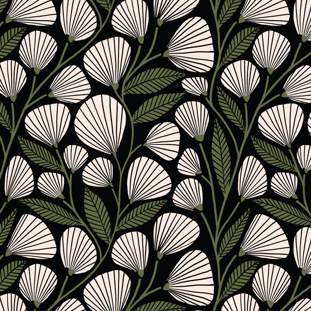 a square of fabric featuring sketched, rounded blossoms with fine radiating lines and leafy stems scattered across a black background with cream and olive green accents.