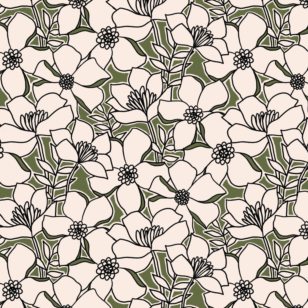 a square of fabric featuring sketched, hand-drawn blossoms and leafy sprigs layered across a cream background with olive green accents.