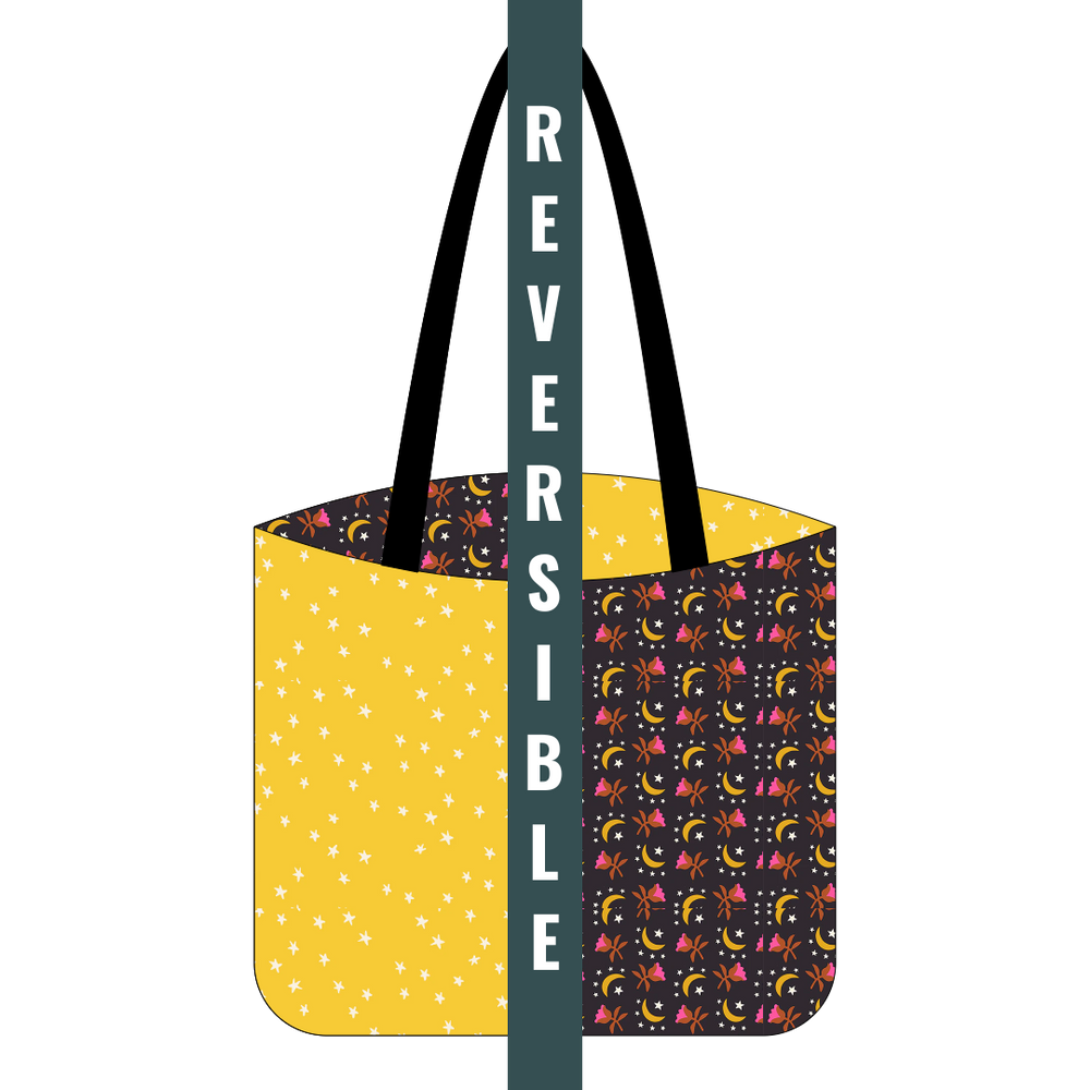 Digital mock up of a cotton tote kit with Moonfllower and yellow starry fabrics