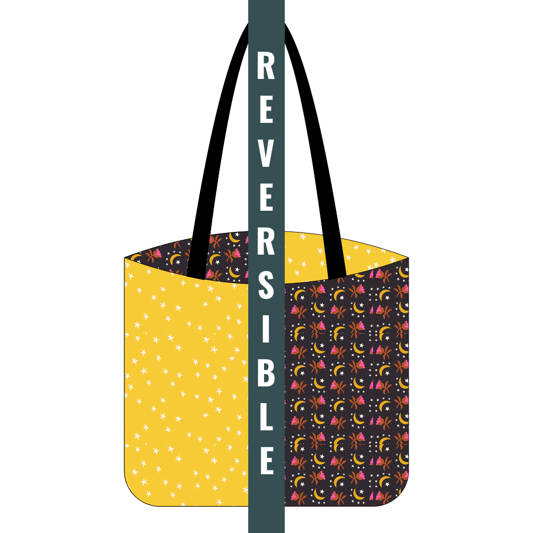 Digital mock up of a cotton tote kit with Moonfllower and yellow starry fabrics