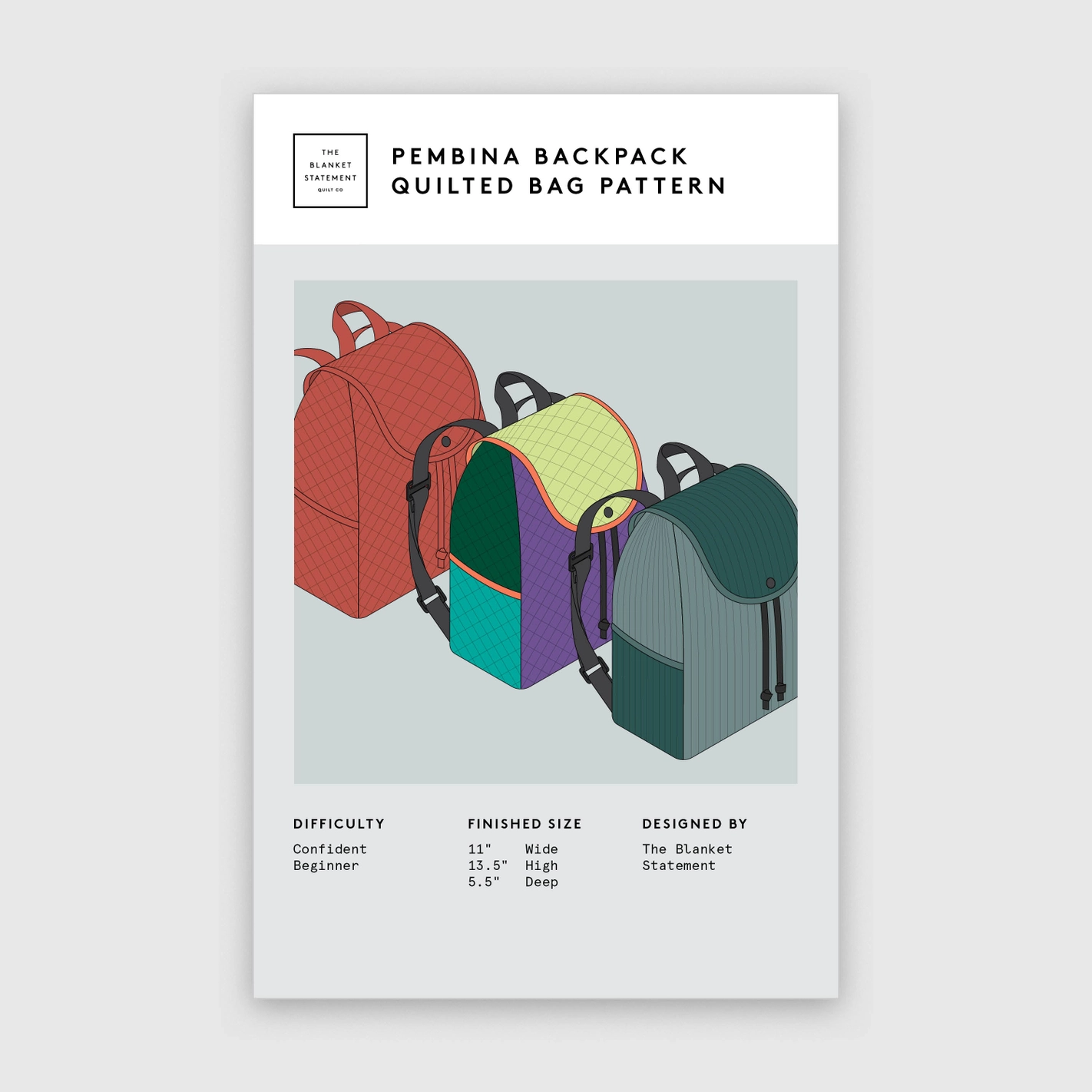 Pembina Backpack Quilted Bag Pattern cover features three illustrations of backpacks in quilted fabric on a grey and white background.