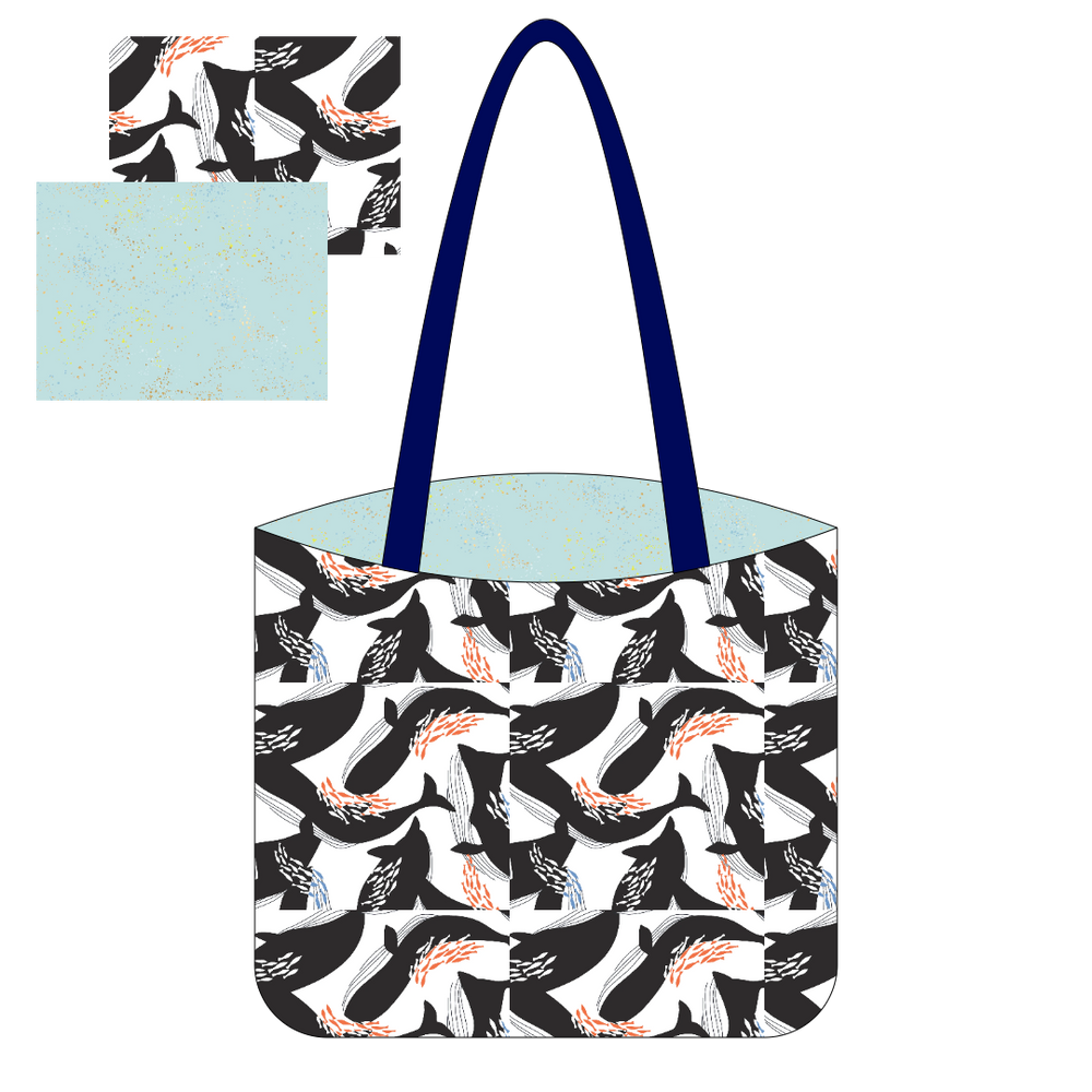 Digital mock up of a canvas tote bag with light blue speckled and whale canvas fabrics