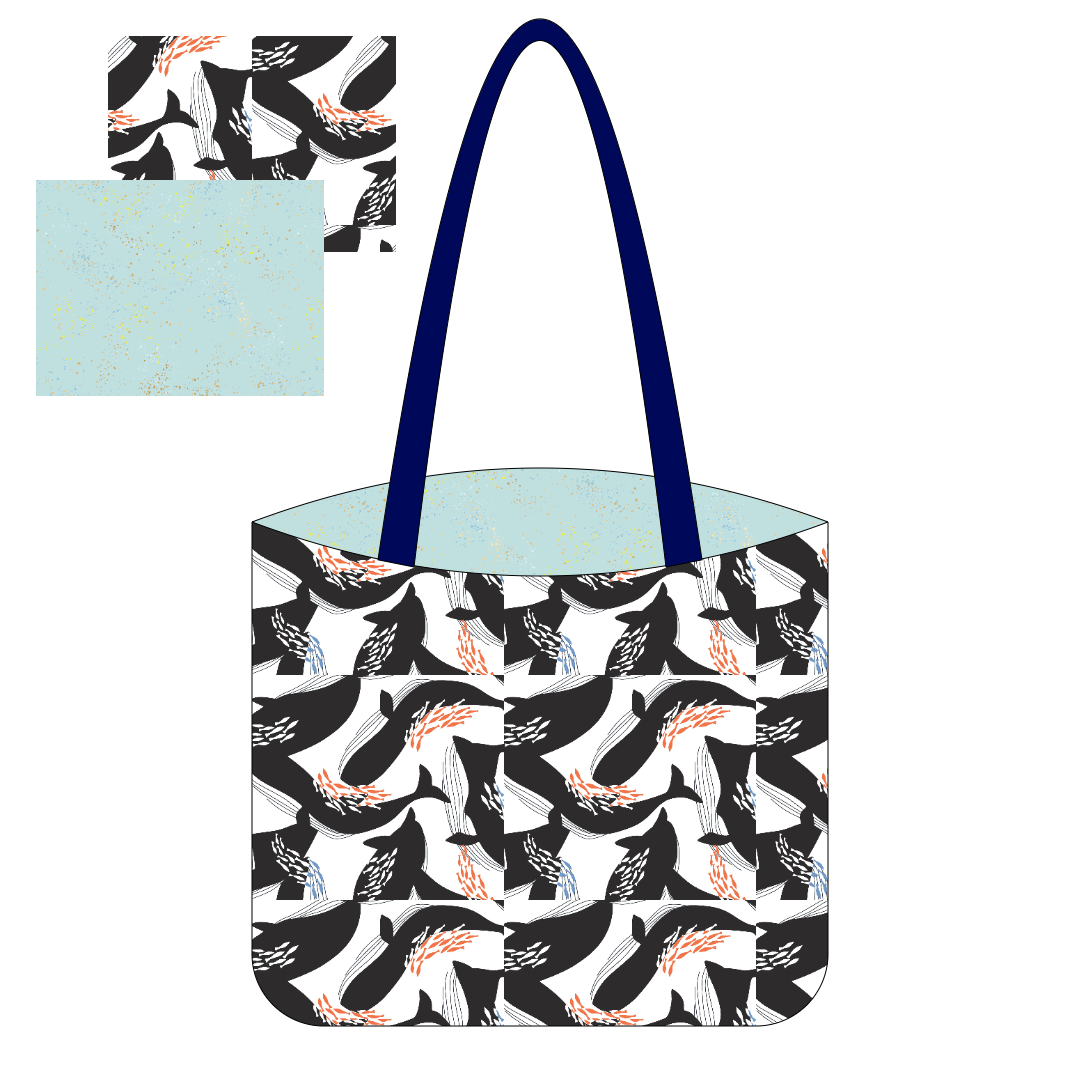 Digital mock up of a canvas tote bag with light blue speckled and whale canvas fabrics