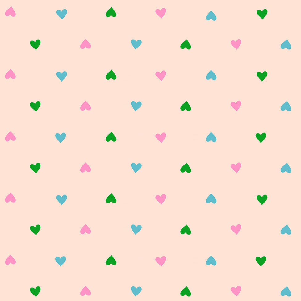 Pattern of small colorful hearts on a light pink background