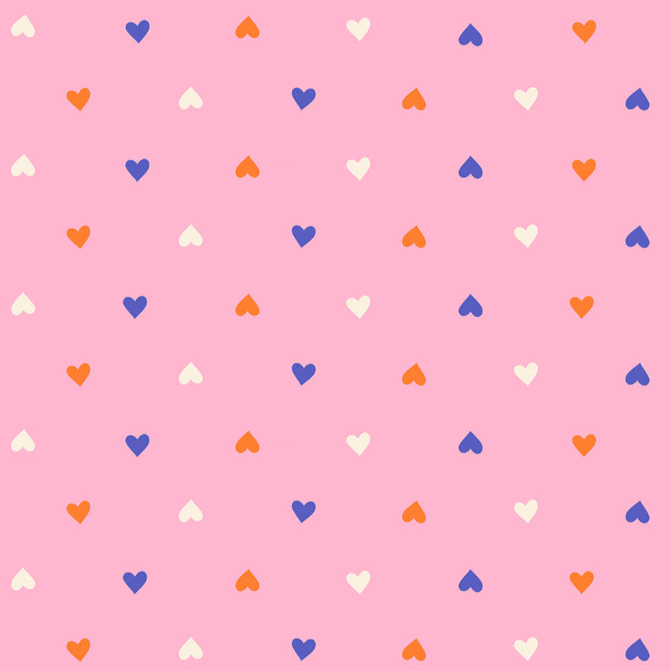 Pattern of colorful hearts on a pink background