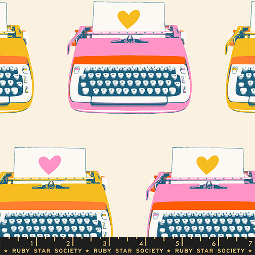 Pattern of colorful typewriters with hearts on a beige background, featuring the Ruby Star Society logo.