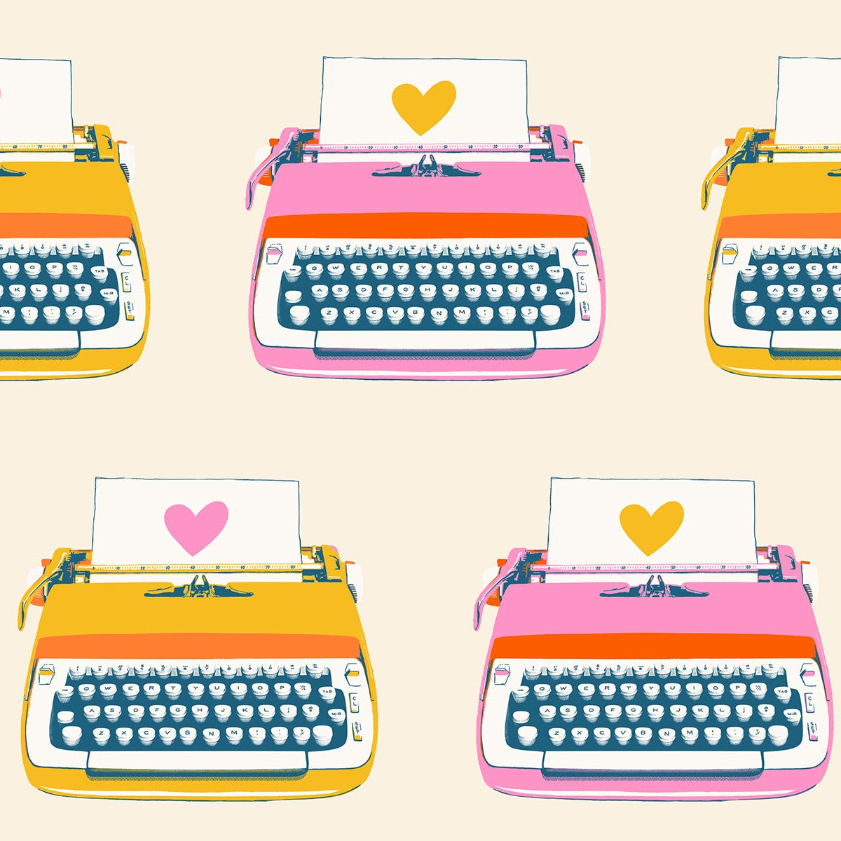 Pattern of colorful typewriters with hearts on a beige background