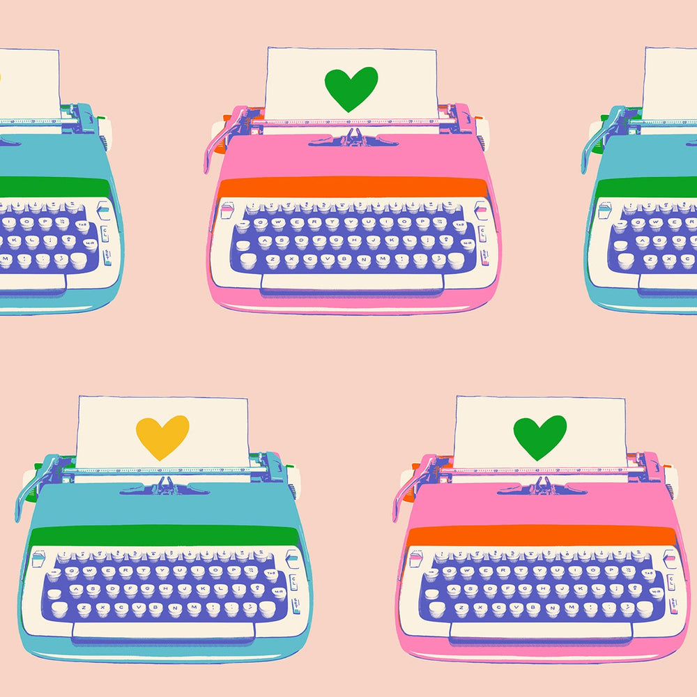 Pattern of colorful typewriters with heart symbols on a pink background