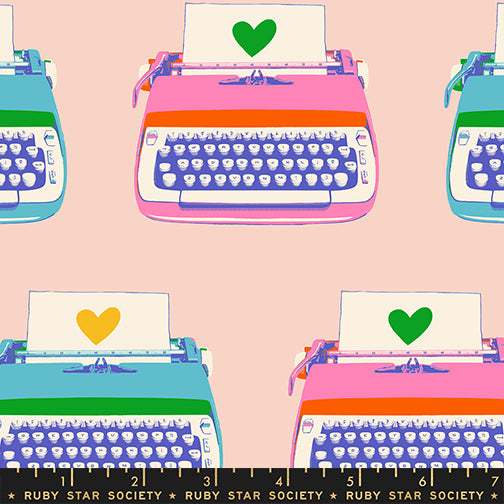 Colorful typewriters with heart symbols on a pink background, featuring the Ruby Star Society logo.