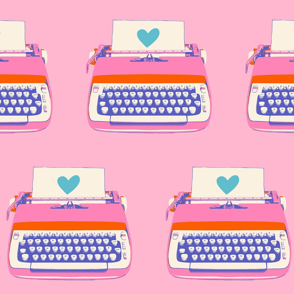 Pattern of pink typewriters with blue keys and heart symbols on a pink background