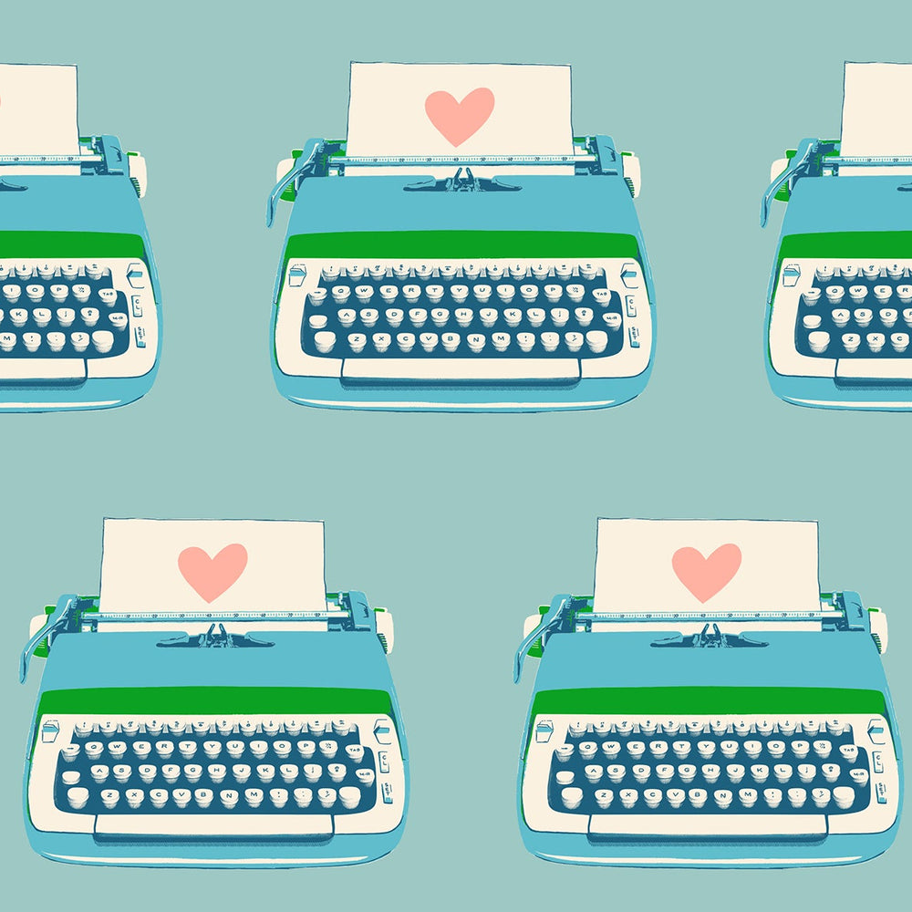 Pattern of blue typewriters with white paper and red hearts on a light blue background